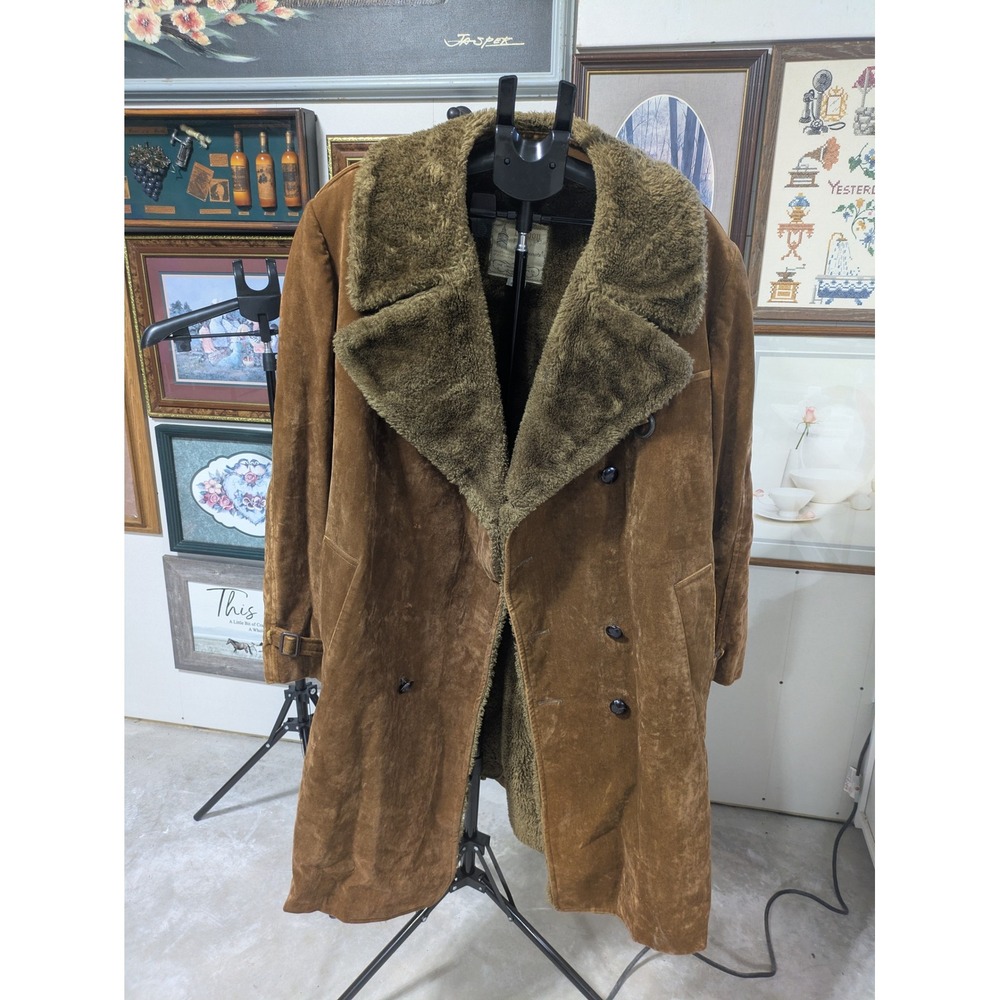 London Fog Vintage Faux Suede Faux Fur Lined Trench Coat Brown Mens 46 Regular